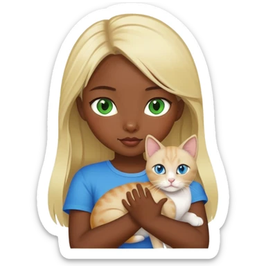 blonde girl with dark skin and green eyes holds a cat with blue eyes of Thai breed sticker