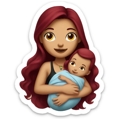 Beautiful tattooed burgundy long haired woman holding a baby sticker