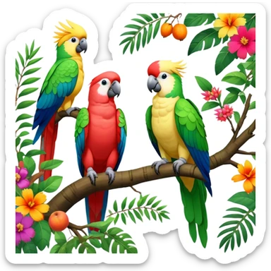 Close-up collage of vibrant Ara parrots and Inca cockatoos sitting on tree branches, surrounded by lush greenery. Bright colors of the birds stand out against a natural, sunny background of trees, flowers and fruits. Transparent background. sticker