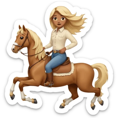 Brown girl with very long blonde/gold hair that’s blowing in the wind wearing a cream colored collared long sleeve shirt and jeans with brown boots on top of a brown horse with 4 legs sticker