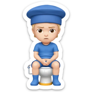 3D cartoon child character in blue outfit and blue hat, sitting on a toilet, looking angry with crossed arms, pastel background, preschool animation style." sticker