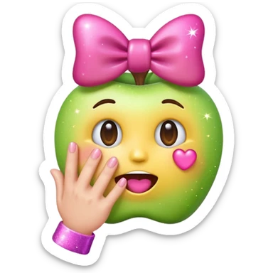 emoji combining pleading face, hand over mouth, pink bow, and sparkles in Apple emoji style, glossy, rounded, simple, expressive, smooth gradients, soft shadows, clean minimal look, shiny 3D-like finish, clear bold features, vibrant, subtle gloss effect sticker