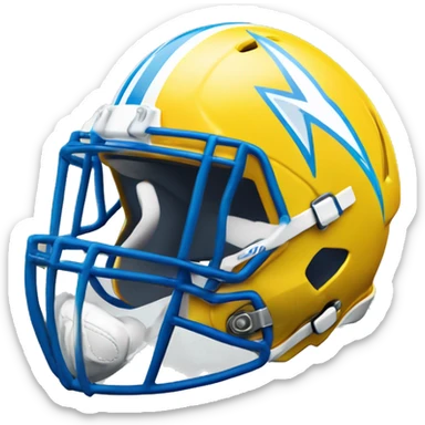 A man with a white football helmet with a blue stripe down the middle of the helmet and a yellow lightning bolt on the side of the helmet he also is wearing a jersey that says Los Angeles chargers on the front that is light blue and yellow and white sticker