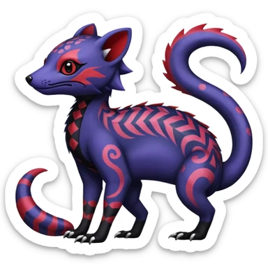 Rare warm-colored exotic gloomy tropical edgy cute epic aesthetic spooky indigo violet white black red gothic colorful Salandit-Noibat-Civet-species-Fakemon-hybrid-creature, with tribal tattoo markings, full body sticker