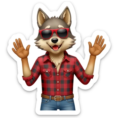 friendly anthropomorphised wolf in jeans and plaid shirt, wearing dark sunglasses, howling, upright pose sticker