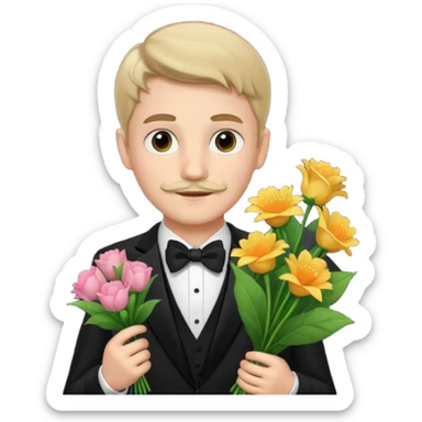 generate an ios genmoji of a 20 year old fair boy with very few and faint mustache hair. should look like he cant grow a mustache., carrying a flower bouquet, wearing a tux sticker