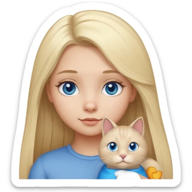 blonde girl with long blonde hair and blue eyes with chubby gray cat sticker