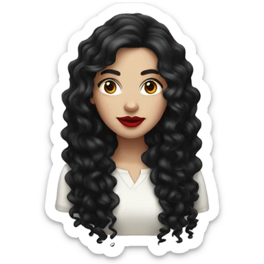 White girl, with long curly black hair, with red lipstick sticker