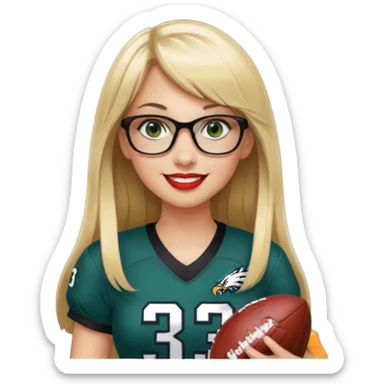 full length women wearing eagles uniform, long blonde hair, bangs, green eyes, black glasses, holding football, number 33, smiling, lipstick sticker