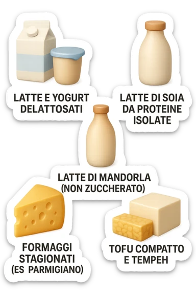 emoji stile iphone 3d di questi elementi che fluttuano in aria:

Latte e yogurt delattosati
Latte di mandorla (non zuccherato)
Latte di soia da proteine isolate
Formaggi stagionati (es. parmigiano)
Tofu compatto e tempeh
 che fluttuano in aria,  le etichette scrivile in italiano, iperealistico 4k sticker