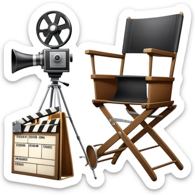 Icon for Directing: a director's chair, a film clapperboard, large movie camera, vintage megaphone and a stage with a spotlight. The icon should represent the creative and organizational aspects of directing, with focus on storytelling, staging, and performance. Transparent background. sticker