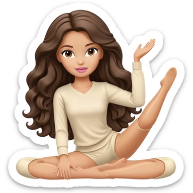 A white Barbie girl with long dark brown wave hair in a cream clothes Sitting on the splits sticker