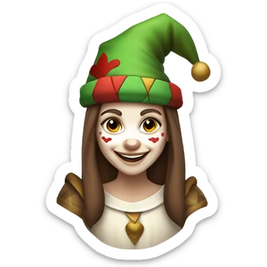 white skinned smiling medieval jester girl with clown face paint wearing a medieval jester hat with straight long brown hair with a big smile  sticker