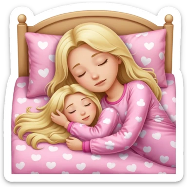 One adult blond girl with long hair in pink Pajamas is sleeping in the bad  sticker