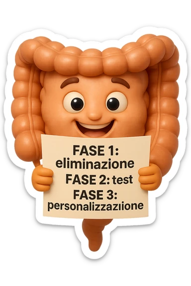 emoji stile iphone 3d di un intestino che tiene in mano un foglio con la scritta "FASE 1: eliminazione, FASE 2: test, FASE 3: personalizzazione, IPERREALISTICO 4K sticker