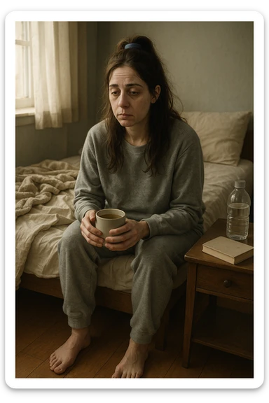 A realistic, cinematic illustration of a woman in her early 30s with a tired, pale appearance, sitting on the edge of her bed in a softly lit bedroom during the morning, looking exhausted and drained. Her posture is slightly slouched, and dark circles are visible under her eyes. She wears comfortable loungewear, holding a warm cup of herbal tea in her hands, seeking comfort. The scene includes a cozy yet slightly messy room with a blanket, a water bottle, and a book on the nightstand, emphasizing chronic fatigue. Soft natural light comes through the window, highlighting her expression of persistent tiredness despite rest, capturing the invisible struggle of chronic fatigue syndrome while maintaining dignity and a gentle aesthetic. sticker