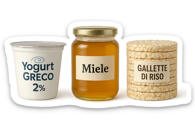Yogurt Greco 2%
Miele (senza il cucchiaio di legno)
Gallette di Riso
vista frontale, iperrealistico 4k sticker