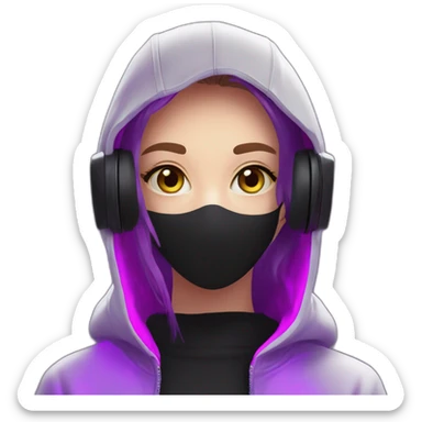 Russian student in the black hoody with violet letters "OMG" on it, wearing vr headset. Cyberpunk style. Violet neon. sticker