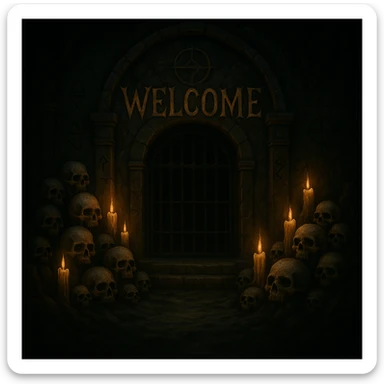 Add the word 'Welcome' in creepy, horror-themed text, integrated into the ancient crypt banner. The text should look ancient and eerie, blending with the crypt's dark and mysterious atmosphere. sticker