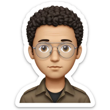 Man with small face and prominent forehead, teardrop-shaped aviator glasses, very minimal dark curly hair on top with completely shaved sides, light brown complexion, gentle expression, black button-up shirt sticker