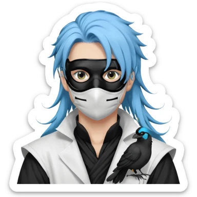 Handsome sexy adult anime man with light-blue hair and a black bird beak mask that covers whole face, black face mask, black mouth mask, black feathers draped over shoulder, wearing a white lab coat, long thin hair tendrils on the sides sticker