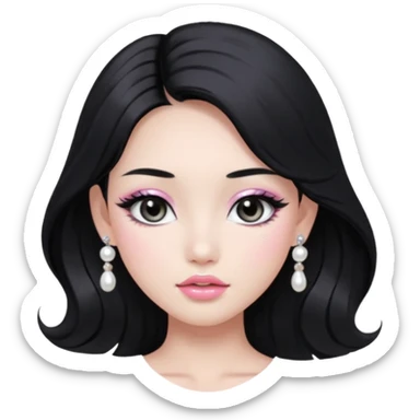 asian long voluminous black hair silver grey eyes glossy lips glittery white and light pink eyeshadow girl pearl earrings sticker