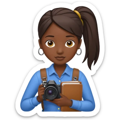 journalist dark skin woman ponytail holding camera and notebook sticker