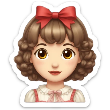 cute girl with brown eyes,brown hair,bang between eyes,short fluffy hair,red ribbon on head,lolita dress,two sides up sticker