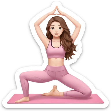 A white girl with long brown wavy hair and pale pink clothes does yoga sticker