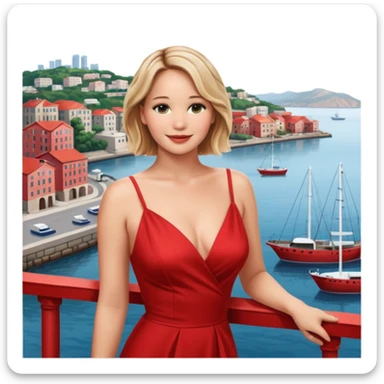 jennifer lawrence, closeup portrait , leaning on a balcony with a harbor and cityscape in the background, smiling, red dress  sticker