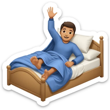 A man in bed under covers kicking feet in air because so excited to sleep. Eyes are closed and he is smiling and Show his feet sticker