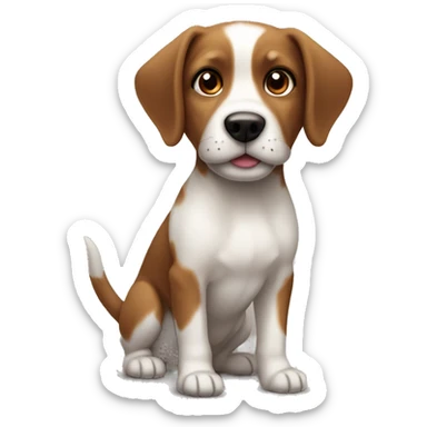 Small brown and white dog with short floppy ears and small nose sticker