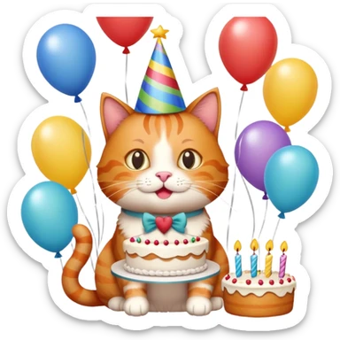 Ginger cat celebrates birthday, birthday hat, birthday cake, balloons, happy, gifts sticker