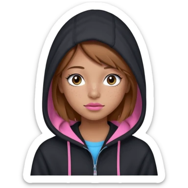Create a teenage girl with straight light brown hair, tan skin, light freckles, and blue-grey eyes. She will have pink lips and long black eyelashes. She will be wearing a big black hoodie. sticker