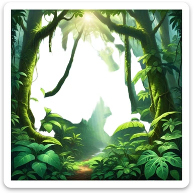 Cinematic Realistic Rainforest Emoji in a wooden frame, Lush and vibrant, filled with towering trees, thick vines, and dense green foliage, sunlight filtering through the canopy above, creating dappled patches of light on the rich, diverse undergrowth. The air is heavy with moisture, with mist rising from the forest floor and distant calls of exotic birds and animals echoing through the trees. Soft glowing outline, capturing the essence of a thriving, untamed tropical paradise filled with life! sticker