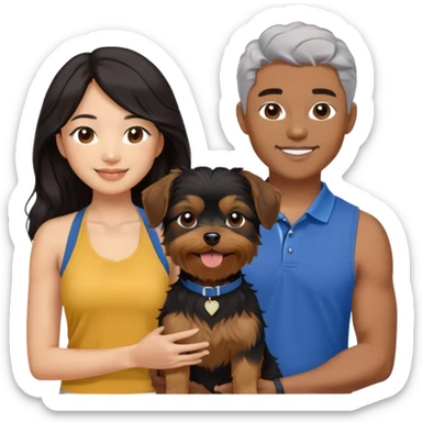 A pretty Asian girl with long, luscious wavy black hair (loose, no hair tie), wearing a sleeveless halter top. She is standing beside a brown-skinned man with a middle part haircut, who is wearing a polo shirt. They are both smiling and holding a small Yorkshire Terrier together. sticker