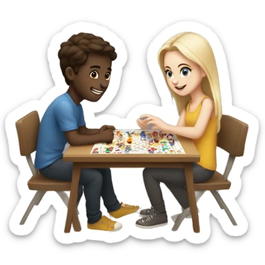 Two young people with white skin, one boy and one girl, are playing a board game. sticker