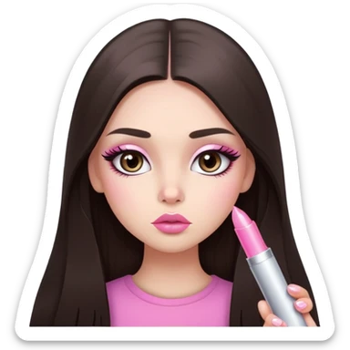 girl with lighter skin, dark brown long straight hair, pouty shiny lips with pink lip gloss, large eyes with eyelashes, pink blush on cheeks, inner eye highlighted with white eyeliner, lighter button nose, long oval-shaped face sticker