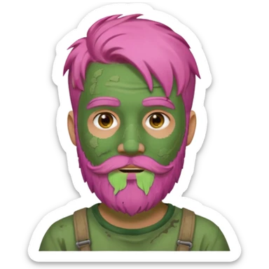 pink haired man with full full face dirty messy green clay mask and beard sticker
