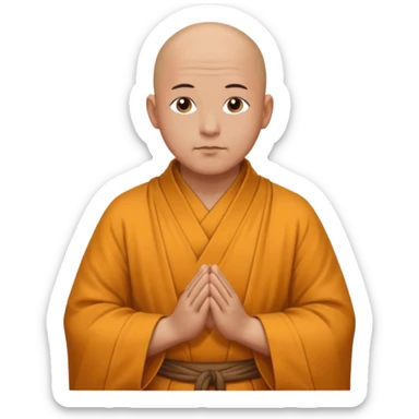 A bald monk wearing traditional robes, calm expression, hands clasped, in a serene setting sticker