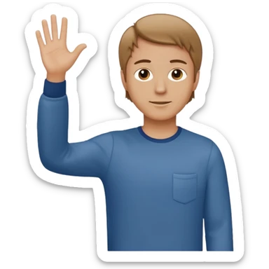 A white man in casual clothes, standing, waving his hand, with light brown hair sticker