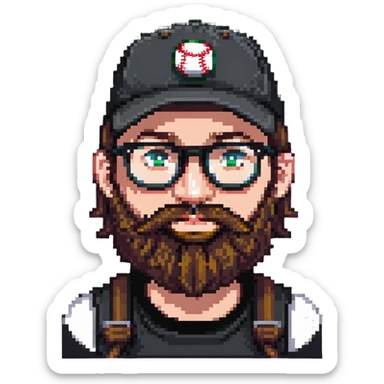 adventurer with beard, glasses and backwards baseball cap sticker