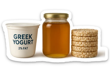 Yogurt Greco 2%
Miele (senza il cucchiaio di legno)
Gallette di Riso
vista frontale, iperrealistico 4k sticker