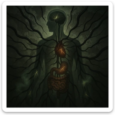 semi-realistic, high contrast lighting, moody and allegorical, medical-fantasy atmosphere; surreal scene with dark, worm-like forms radiating from a semi-transparent human silhouette at the center, branching into every organ (brain, heart, gut, joints); forms extend outward into a faint world map background, glowing cracks where parasites penetrate, sickly green mist from fissures sticker