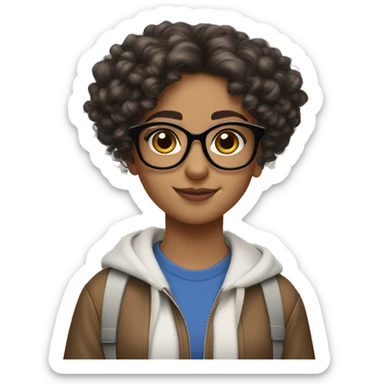 An Arabic girl with medium long curly hair but not too curly with big dark brown glasses and nice hazel eyes. And AirPods Pro max  sticker