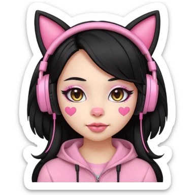 “Emoji girl, pastel pink streaks in thick long black hair hair, bold winged eyeliner, heavy blush on cheeks and nose bridge, under-eye hearts, glossy pink lips, playful smirk and gaming headphones and cat ears.” sticker