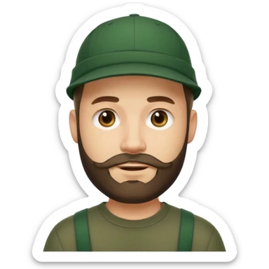 man with medium beard, short hair, wearing dark green cap, slight smile, clean and modern Apple emoji style sticker