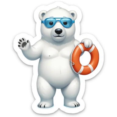 full body friendly anthropomorphised polar bear wearing swim shorts and swim goggles, standing in a puddle, holding a life buoy sticker