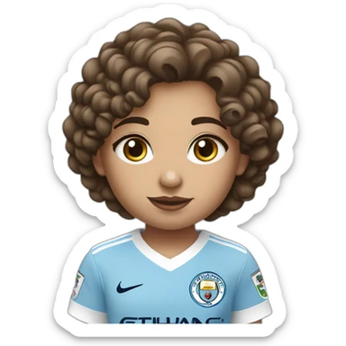 girl with short curly brown hair and eyes wearing Manchester City football shirt standing with a soccer ball sticker