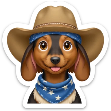 mostly black with some brown long hair daschund with a cowboy hat, ears curl out a bit and bandana and tongue slightly out sticker